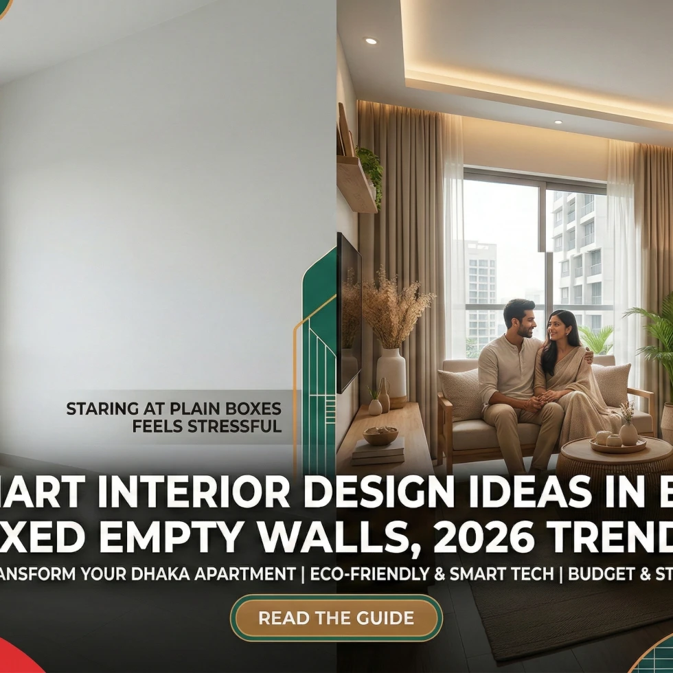 Modern minimalist living room interior design in Dhaka with neutral tones and wooden furniture.